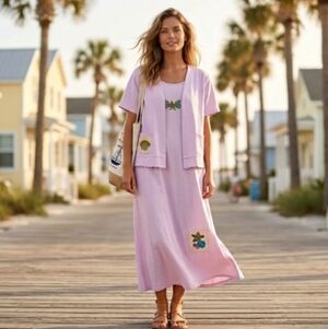 Vintage Focus USA lilac seashore cotton dress with short jacket XL, EUC Coastal